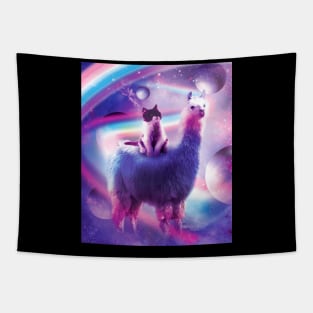 Kitty Cat Riding On Rainbow Llama In Space Tapestry