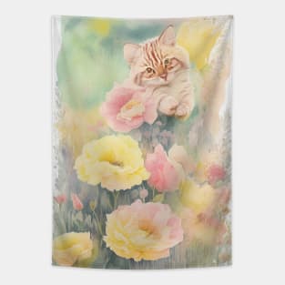 Soft color Striped Yellow cat in the Flower Garden Tapestry