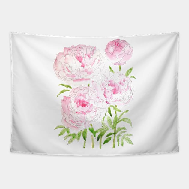 pink peony flowers  watercolor and ink Tapestry by colorandcolor