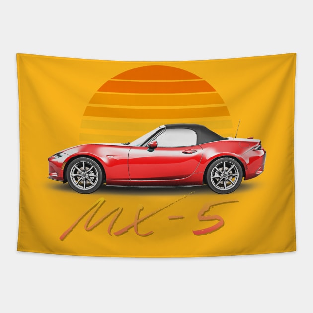 Mazda MX-5 (Red) / Retro Style Sunset Design Tapestry by DankFutura