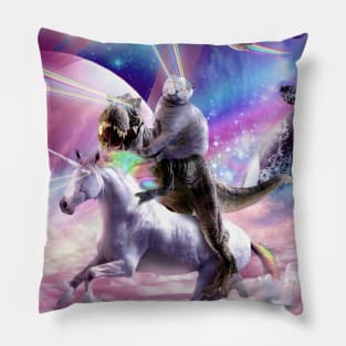 Laser Eyes Space Cat On Dinosaur Unicorn - Rainbow Pillow