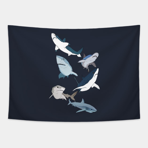 Shark Squad Tapestry by minniemorrisart