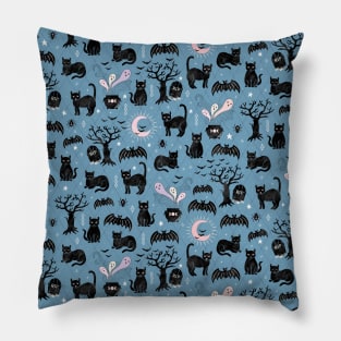 Black cats, bats and witchy things, halloween on dusty blue Pillow