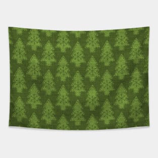 Green Evergreen Christmas Trees on Green Burlap Cloth Tapestry