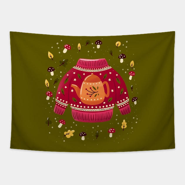 Christmas holiday sweater with tea kettle, leaves and mushrooms. Colorful winter festive illustration. Tapestry by BlueLela