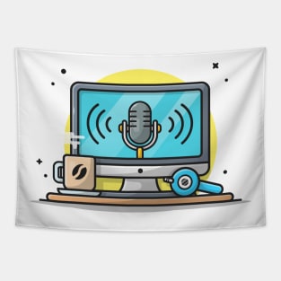 Monitor with Speaker, Hot Coffee and Headphone Cartoon Vector Icon Illustration Tapestry