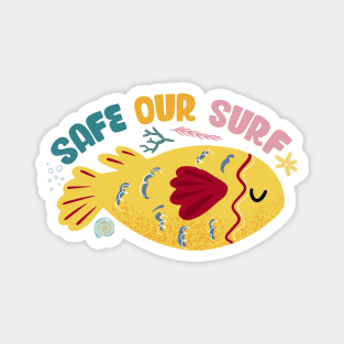 Safe our Surf quote with cute sea animal fish, starfish, coral and shell Magnet