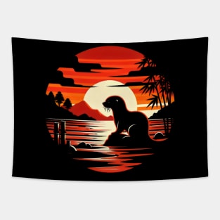 Aquatic Animal Vintage Sunset Cute Japanese Art Otter Tapestry