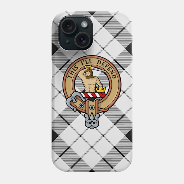 Clan MacFarlane Crest over Black and White Tartan Phone Case by sifis