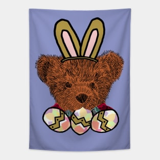 Happy Easter Bunny Ears on Teddy Bear Eating Easter Eggs Tapestry