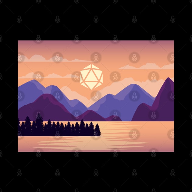 Purple Mountains Sunset Polyhedral Dice Sun Tabletop RPG Landscape by pixeptional