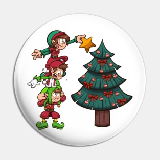 Christmas Elves Decorating Tree Pin