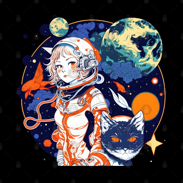 Cat & Girl in Space Fantastic Retro Cat Lover by Ai Wanderer