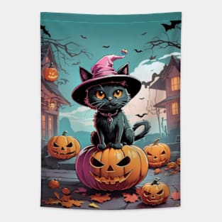 Black halloween cat with spooky pumpkins Tapestry