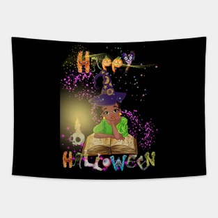 Young witch reading spellbook before halloween start Tapestry