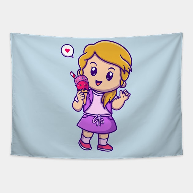 Cute Girl Holding Ice Cream Cartoon Tapestry by Catalyst Labs