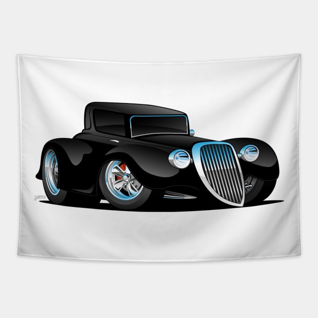 Black Hot Rod Classic Coupe Custom Car Cartoon Tapestry by hobrath