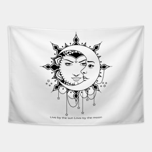 Sun and Moon,live by the sun love by the moon,vintage black and white illustration Tapestry