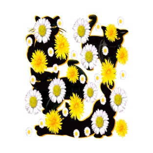 Black Cat silhouette on top of wildflowers feelings pattern black cats  among dandelions And daisies floral bright flowers of spring and summer T-Shirt