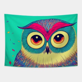Colorful Owl Portrait Illustration - Bright Vibrant Colors Bohemian Style Feathers Psychedelic Bird Animal Rainbow Colored Art Tapestry