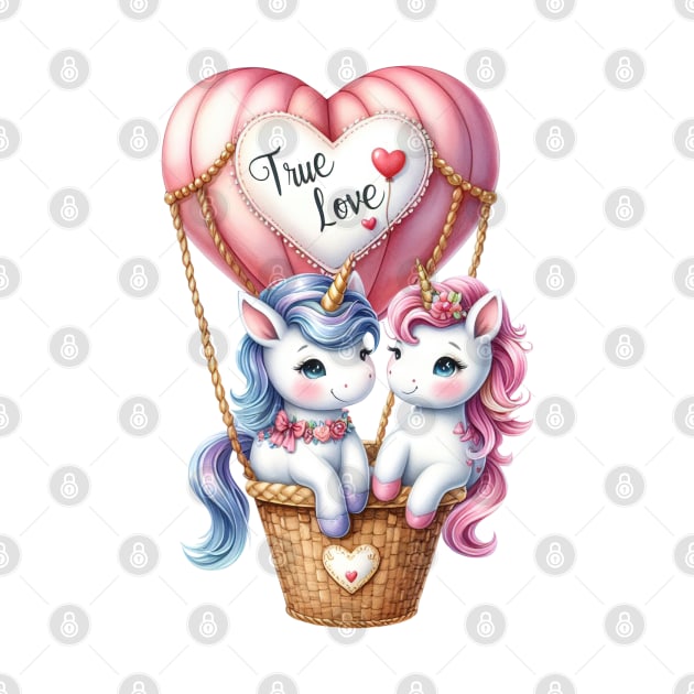 Valentine Unicorn Couple On Hot Air Balloon by Chromatic Fusion Studio