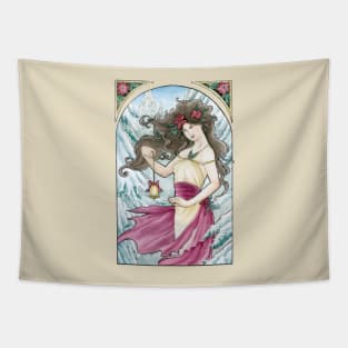 Holiday Art Nouveau Woman with Bell and Poinsettia in the Snow - Spirits of Winter Series Tapestry
