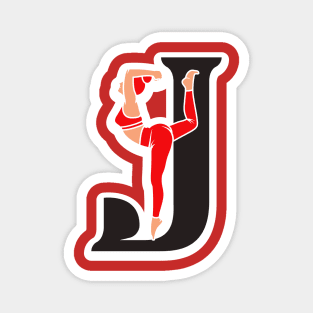 Sports yoga women in letter J Sticker design vector illustration. Alphabet letter icon concept. Sports young women doing yoga exercises with letter J sticker design logo icons. Magnet