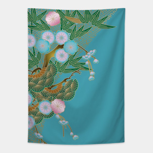 Cherry blossom, bamboo and pine tree on azure background Tapestry by Blacklinesw9