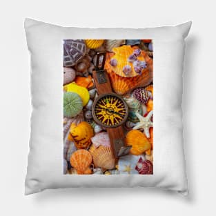 Nautical Compass On Seashells Pillow