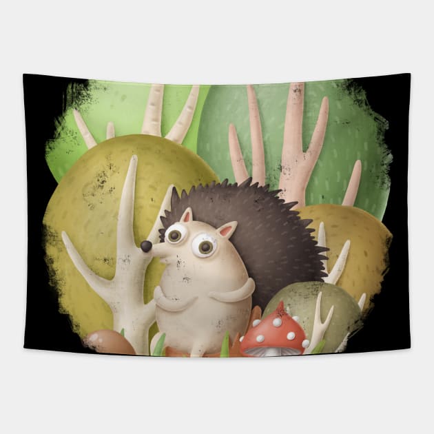 Cute hedgehog in forest Tapestry by CaptainPixel