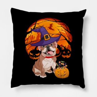 Bulldog pumpkin witch Pillow