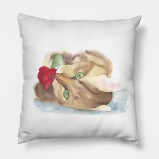 Cat With Red Rose, watercolor painting Pillow