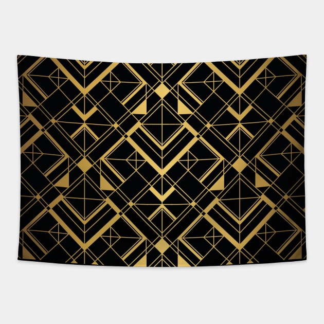 Thick Black and Gold Vintage Art Deco Geometric Square Tiled Pattern Tapestry by podartist