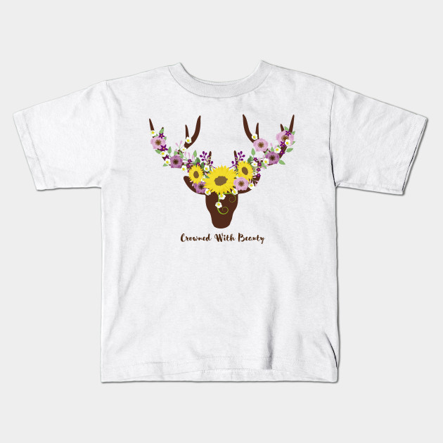 Crowned With Beauty Deer Antler Sunflower Deer Kids T Shirt