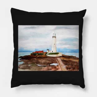 St. Mary's Lighthouse Watercolor Painting Pillow