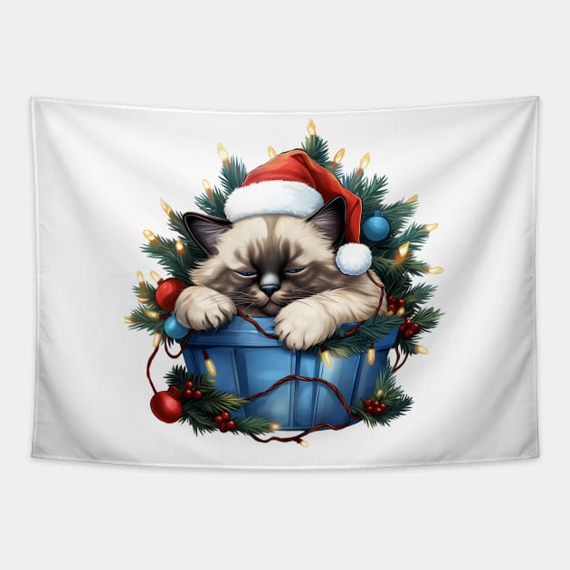 Lazy Siamese Cat At Christmas Tapestry by Chromatic Fusion Studio