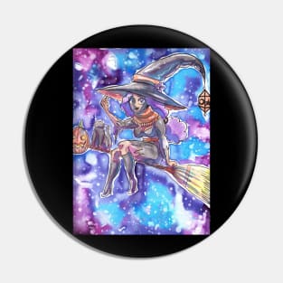 Cute Witch Girl on a Broomstick with her Cat Pin