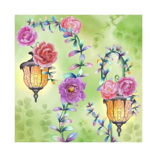 Vintage streetlights with peony flowers and colorful leaves ornament. Fairy spring garden watercolor illustration. Enchanted romantic scenery T-Shirt