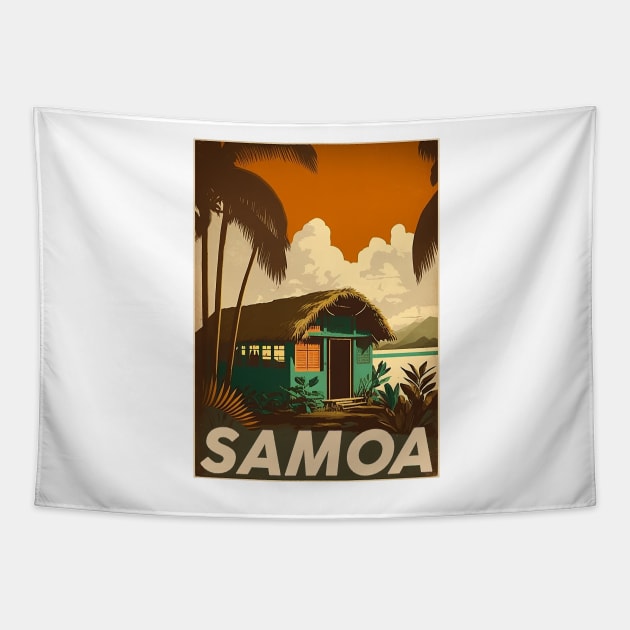Samoa Hut Vintage Travel Art Poster Tapestry by OldTravelArt