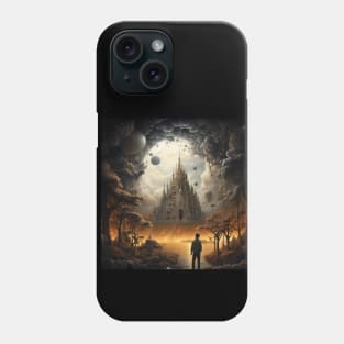 Mystical Sanctuary: Enigmatic Cathedral Amidst Celestial Orbs and Golden Forests Phone Case