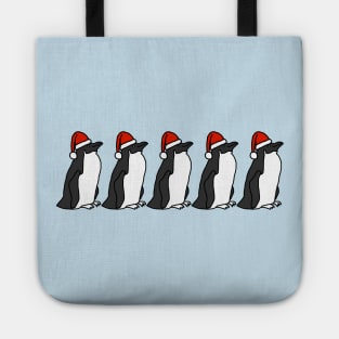 Funny Christmas Five Penguins in Santa Hats Tote