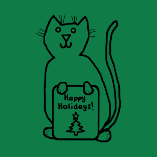 Cute Christmas Cat says Happy Holidays Line Drawing T-Shirt