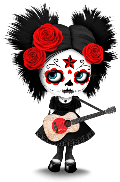 Sugar Skull Girl Playing Japanese Flag Guitar Kids T-Shirt by jeffbartels