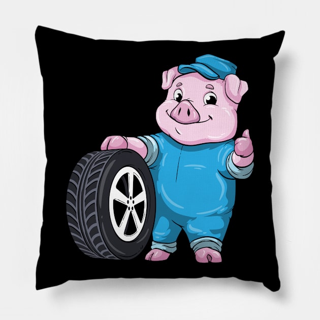 Pig as Car mechanic with Tires Pillow by Markus Schnabel