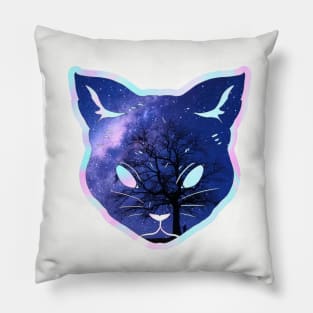 Purple starry sky tree silhouette prismatic iridescent cat Pillow