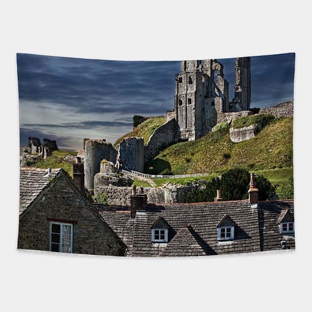 Corfe Castle, Dorset, UK, Over the Village Rooftops Tapestry by Chris Lord