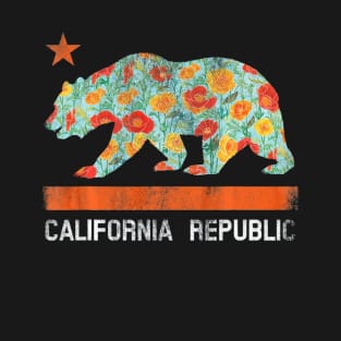 California Republic State Bear Star Poppy Flower LA Cali Tee T-Shirt