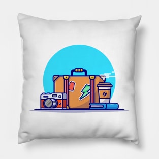 Suitcase, Camera, Book And Coffee Cartoon Vector Icon Illustration Pillow