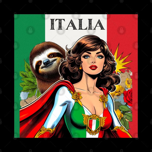 Italian Female Comic Book Superhero with Sloth by Woodpile