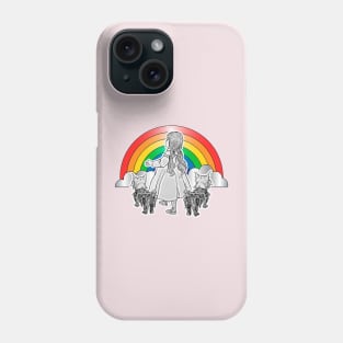 Little girl with dogs watching the rainbow Phone Case